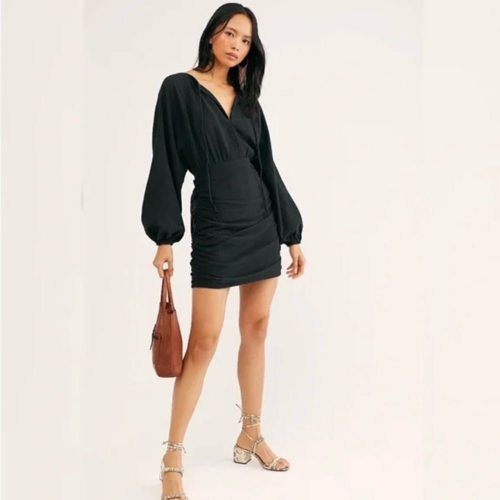 Free People Sage Green Open Back Long Sleeve Mini Dress Tie Belt Buttons closer - Picture 14 of 16